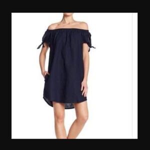 Allen Allen 100% Linen Navy Off the Shoulder Dress Sz‎ L EUC Summer Travel Beach